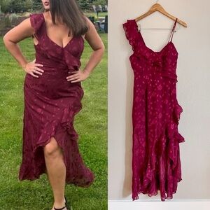 NWOT Forever Be Burgundy Floral Jacquard Ruffled Maxi Dress